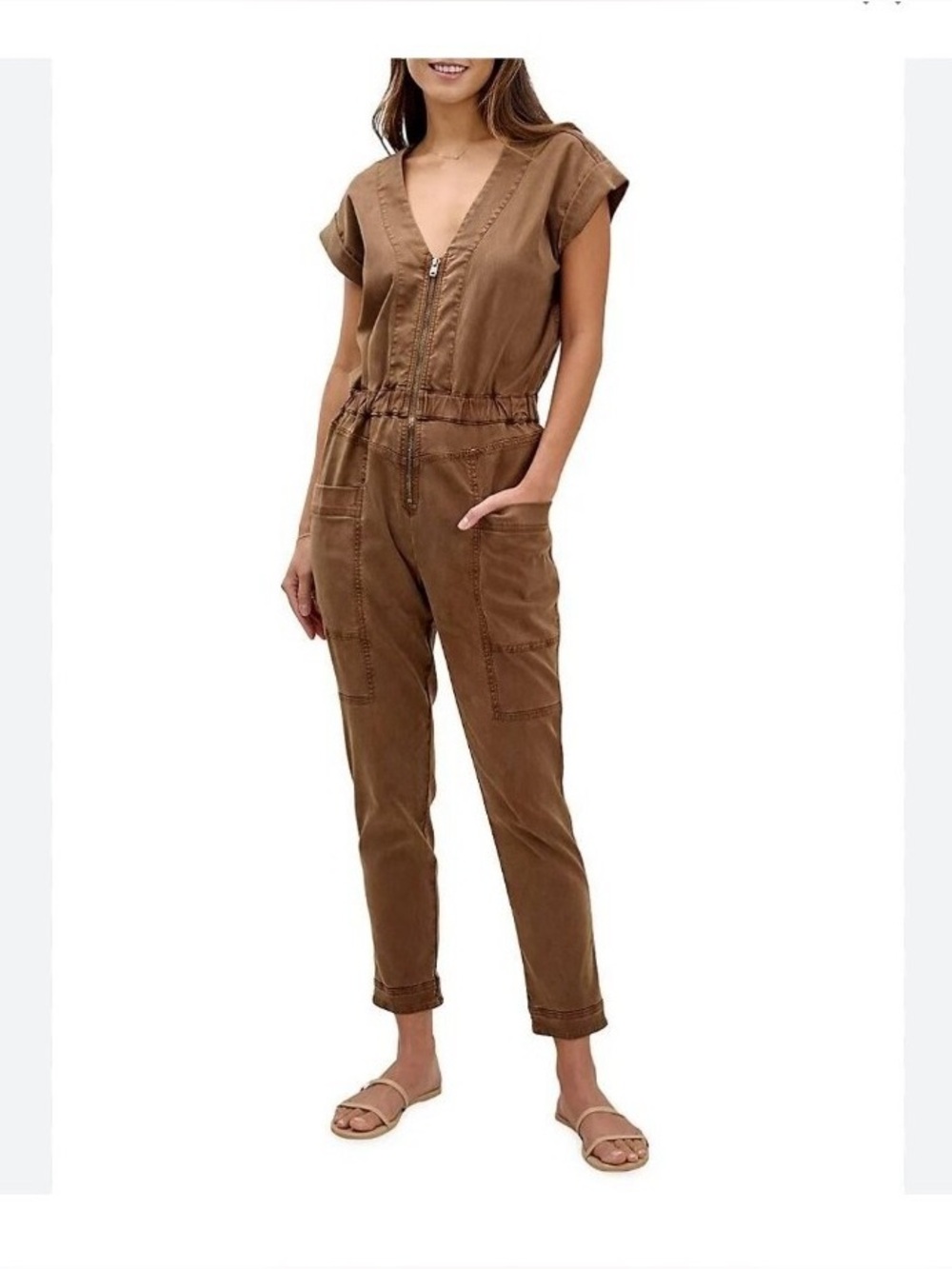 Splendid Brown Zip-Front Utility Jumpsuit